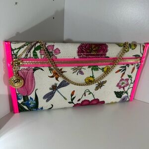 Gucci Floral Canvas Clutch with Hot Pink Trim and Gold Chain